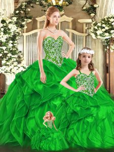 Modern Sweetheart Sleeveless Quince Ball Gowns Floor Length Beading and Ruffles Green Organza