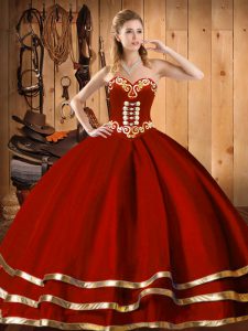 Customized Wine Red Ball Gowns Sweetheart Sleeveless Organza Floor Length Lace Up Embroidery and Bowknot Sweet 16 Quinceanera Dress