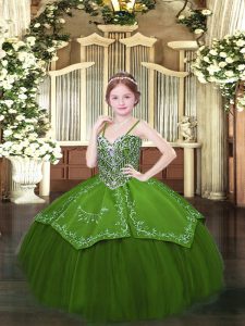 Olive Green Ball Gowns Satin and Organza Spaghetti Straps Sleeveless Beading and Embroidery Floor Length Lace Up Pageant Dresses