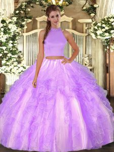 Deluxe Lavender Sweet 16 Dress Military Ball and Sweet 16 and Quinceanera with Beading and Ruffles Halter Top Sleeveless Backless