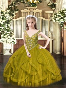 Wonderful Olive Green V-neck Lace Up Beading and Ruffles Winning Pageant Gowns Sleeveless