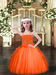 Floor Length Orange Red Custom Made Pageant Dress Tulle Sleeveless Beading and Ruffles