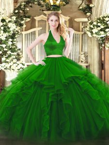 Green Zipper Vestidos de Quinceanera Ruffles Sleeveless Floor Length