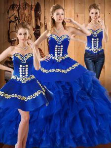 Blue Sweetheart Neckline Embroidery and Ruffles 15th Birthday Dress Sleeveless Lace Up