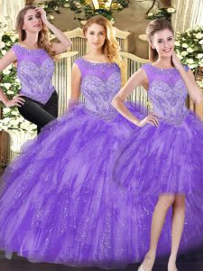 Customized Eggplant Purple Scoop Lace Up Beading and Ruffles Quince Ball Gowns Sleeveless