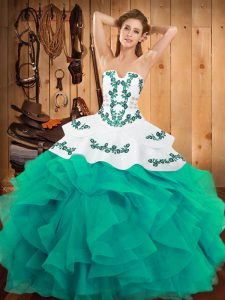 Adorable Turquoise Sleeveless Floor Length Embroidery and Ruffles Lace Up 15 Quinceanera Dress