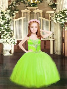 Elegant Yellow Green Spaghetti Straps Neckline Beading Little Girl Pageant Gowns Sleeveless Lace Up
