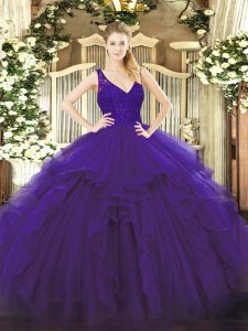 New Arrival V-neck Sleeveless Ball Gown Prom Dress Floor Length Beading and Ruffles Purple Organza