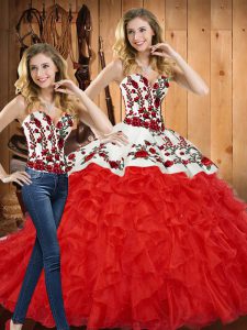 Tulle Sweetheart Sleeveless Lace Up Embroidery and Ruffles Party Dress Wholesale in Red
