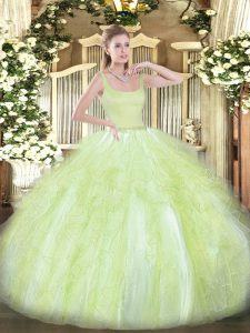 Modest Floor Length Zipper Quinceanera Dress Yellow Green for Military Ball and Sweet 16 and Quinceanera with Beading and Ruffles
