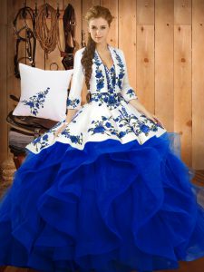 Blue Ball Gowns Satin and Organza Sweetheart Sleeveless Embroidery Floor Length Lace Up Quinceanera Gown