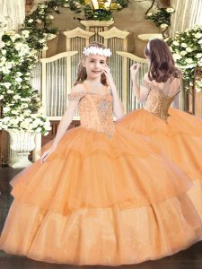 Great Orange Organza Lace Up Off The Shoulder Sleeveless Floor Length Little Girls Pageant Dress Beading and Ruffled Layers