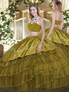 High-neck Sleeveless Backless 15 Quinceanera Dress Olive Green Tulle