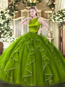Olive Green Sleeveless Floor Length Ruffles Clasp Handle Quinceanera Gowns