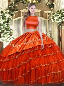 Orange Red High-neck Criss Cross Embroidery and Ruffled Layers Quinceanera Gowns Sleeveless