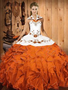 Fitting Floor Length Ball Gowns Sleeveless Orange Red Quinceanera Gowns Lace Up