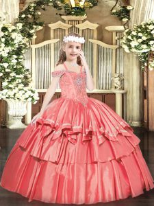 Sleeveless Floor Length Beading and Ruffled Layers Lace Up Pageant Dress for Teens with Coral Red