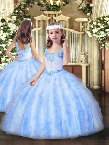 Light Blue Lace Up Straps Beading and Ruffles Pageant Dress Wholesale Organza Sleeveless