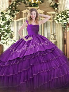 Custom Design Eggplant Purple Satin and Organza Zipper Straps Sleeveless Floor Length Quinceanera Dresses Embroidery and Ruffled Layers