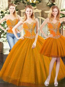 Orange Red Sleeveless Tulle Lace Up Vestidos de Quinceanera for Military Ball and Sweet 16 and Quinceanera