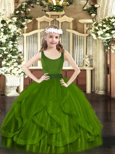 Glorious Floor Length Olive Green Little Girl Pageant Dress Tulle Sleeveless Beading and Ruffles