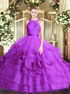 Stylish Eggplant Purple Sleeveless Floor Length Lace Lace Up Quinceanera Gowns