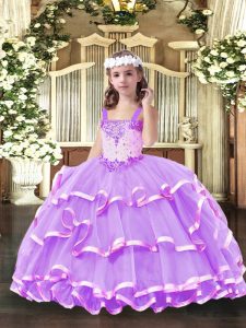 Lilac Sleeveless Floor Length Beading and Ruffled Layers Lace Up Glitz Pageant Dress