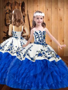 Unique Blue And White Sleeveless Embroidery and Ruffles Floor Length Girls Pageant Dresses