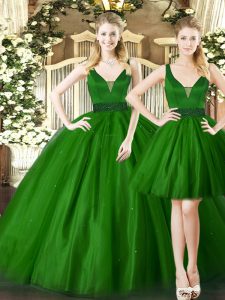 Dark Green Sleeveless Tulle Lace Up Sweet 16 Dresses for Military Ball and Sweet 16 and Quinceanera