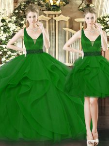 Charming Straps Sleeveless 15 Quinceanera Dress Floor Length Beading and Ruffles Green Tulle