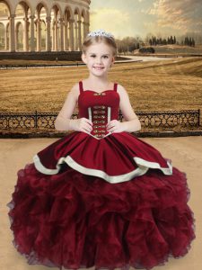 Excellent Wine Red Straps Neckline Beading and Ruffles Pageant Gowns For Girls Sleeveless Lace Up