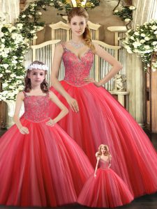 Coral Red Tulle Lace Up Sweet 16 Dresses Sleeveless Floor Length Beading