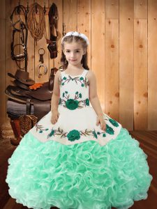 Perfect Embroidery and Ruffles Little Girl Pageant Dress Apple Green Lace Up Sleeveless Floor Length