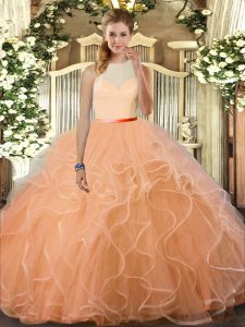 Floor Length Backless Quinceanera Dress Peach for Sweet 16 and Quinceanera with Ruffles