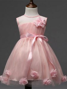 Custom Designed Pink Little Girls Pageant Gowns Wedding Party with Hand Made Flower Scoop Sleeveless Zipper
