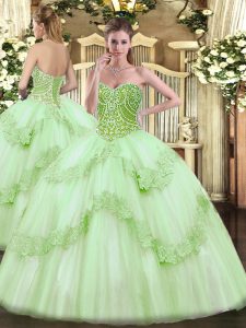 Apple Green Ball Gowns Tulle Sweetheart Sleeveless Beading and Appliques Floor Length Lace Up Party Dresses
