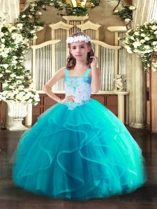 Floor Length Ball Gowns Sleeveless Aqua Blue Little Girls Pageant Gowns Lace Up