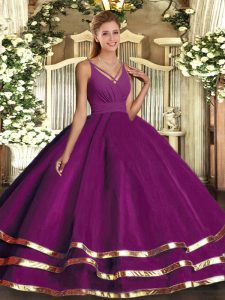Purple Sleeveless Tulle Backless Sweet 16 Dresses for Military Ball and Sweet 16 and Quinceanera