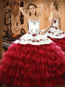 Custom Designed Wine Red Sweetheart Neckline Embroidery and Ruffled Layers Party Dress Sleeveless Lace Up