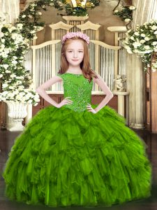 Green Ball Gowns Beading and Ruffles Girls Pageant Dresses Zipper Organza Sleeveless Floor Length