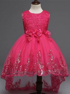 Custom Design Scoop Sleeveless Tulle Little Girls Pageant Dress Wholesale Lace and Appliques and Bowknot and Hand Made Flower Zipper