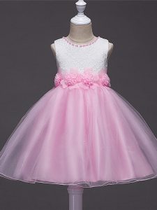 Baby Pink Tulle Zipper High School Pageant Dress Sleeveless Knee Length Lace and Hand Made Flower
