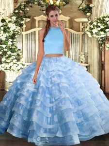 Vintage Light Blue Halter Top Backless Beading and Ruffled Layers Vestidos de Quinceanera Sleeveless