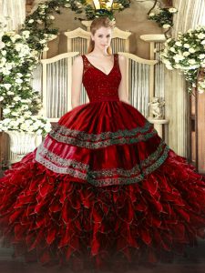 Perfect Wine Red Sleeveless Organza Backless Sweet 16 Dress for Military Ball and Sweet 16 and Quinceanera