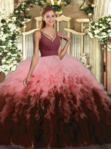 Ideal Multi-color Ball Gowns Tulle V-neck Sleeveless Ruffles Floor Length Backless Ball Gown Prom Dress