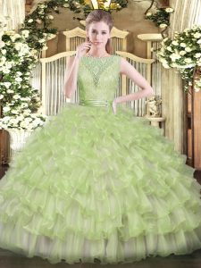 Tulle Scoop Sleeveless Backless Beading and Ruffled Layers Quinceanera Gowns in Yellow Green
