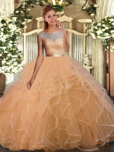 Gold Organza Backless Scoop Sleeveless Floor Length Ball Gown Prom Dress Lace and Ruffles