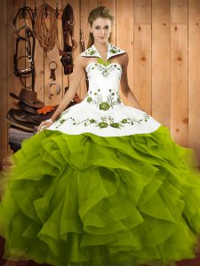 Olive Green Tulle Lace Up Halter Top Sleeveless Floor Length Ball Gown Prom Dress Embroidery and Ruffles