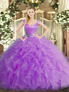 Gorgeous Floor Length Zipper Quinceanera Dress Lilac for Military Ball and Sweet 16 and Quinceanera with Ruffles