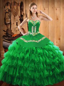 Satin and Organza Sweetheart Sleeveless Lace Up Embroidery and Ruffled Layers Sweet 16 Quinceanera Dress in Green